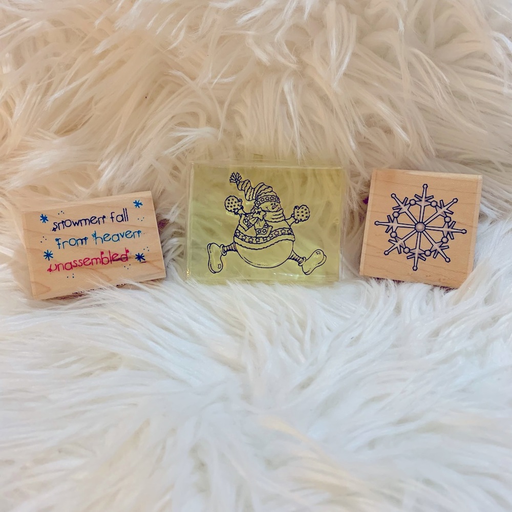 Lot of 3 Vintage Rubber Stamps Snow Themed Snowman Snowflake Crafting Stamping